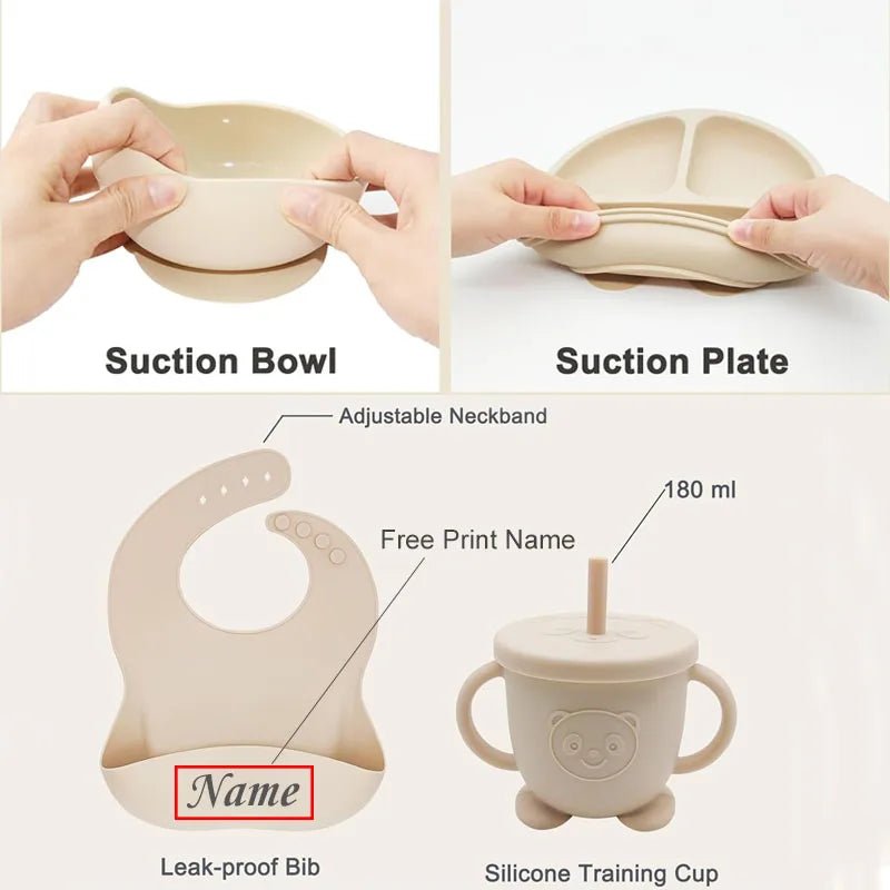 Coffret Repas Bébé Silicone Personnalisé Prénom – Set 8 Pièces Assiette Ventouse Bol Tasse Couverts Sans BPA Cadeau Naissance