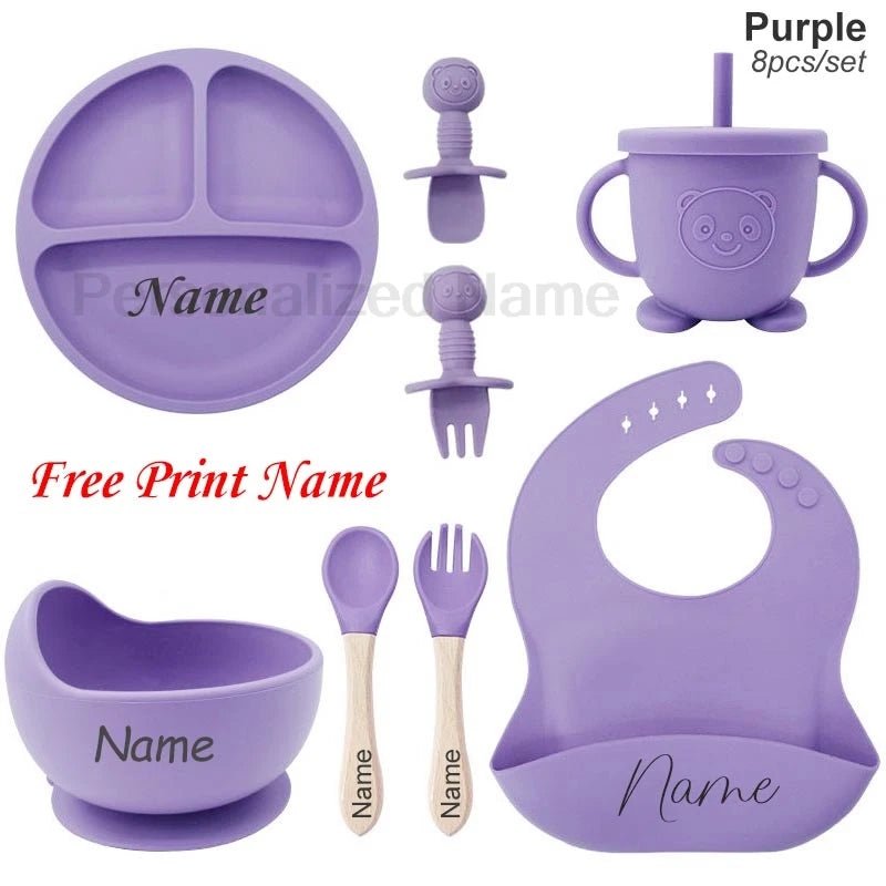 Coffret Repas Bébé Silicone Personnalisé Prénom – Set 8 Pièces Assiette Ventouse Bol Tasse Couverts Sans BPA Cadeau Naissance