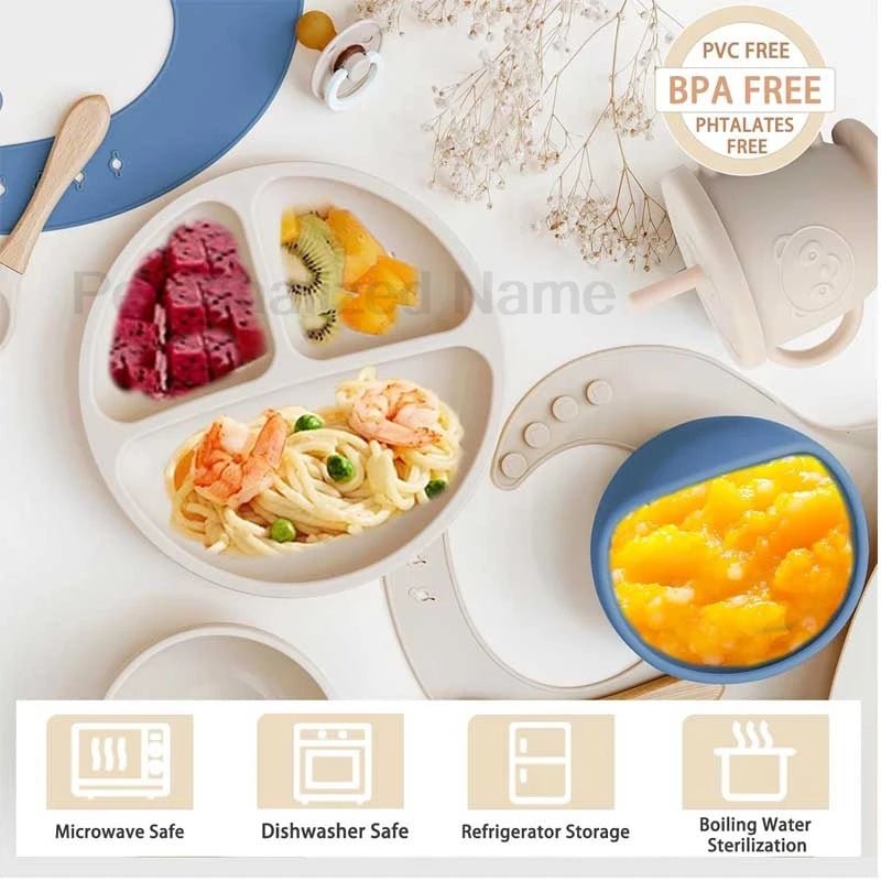 Coffret Repas Bébé Silicone Personnalisé Prénom – Set 8 Pièces Assiette Ventouse Bol Tasse Couverts Sans BPA Cadeau Naissance