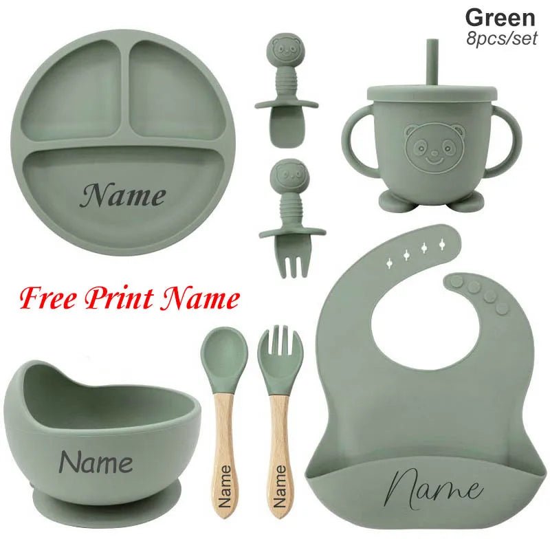Coffret Repas Bébé Silicone Personnalisé Prénom – Set 8 Pièces Assiette Ventouse Bol Tasse Couverts Sans BPA Cadeau Naissance