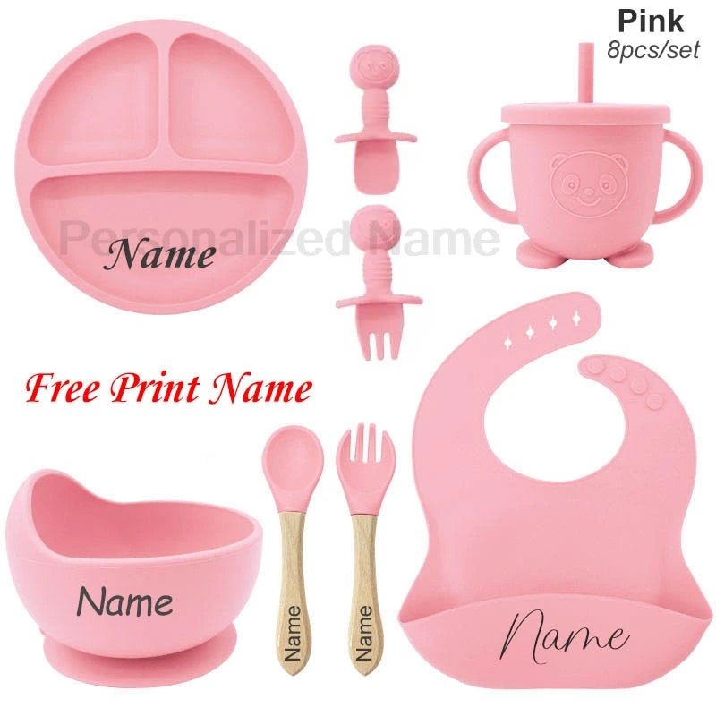 Coffret Repas Bébé Silicone Personnalisé Prénom – Set 8 Pièces Assiette Ventouse Bol Tasse Couverts Sans BPA Cadeau Naissance