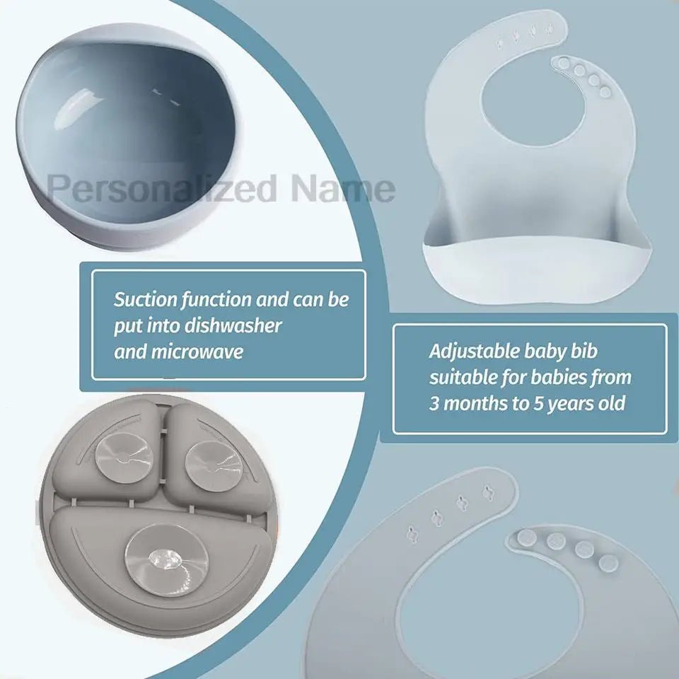 Coffret Repas Bébé Silicone Personnalisé Prénom – Set 8 Pièces Assiette Ventouse Bol Tasse Couverts Sans BPA Cadeau Naissance