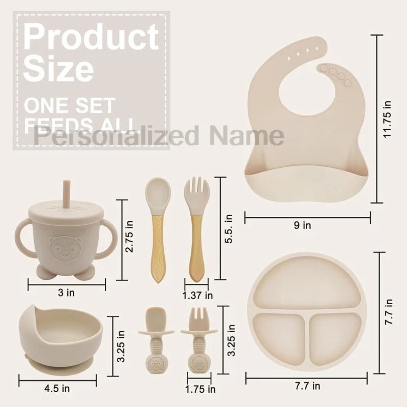 Coffret Repas Bébé Silicone Personnalisé Prénom – Set 8 Pièces Assiette Ventouse Bol Tasse Couverts Sans BPA Cadeau Naissance