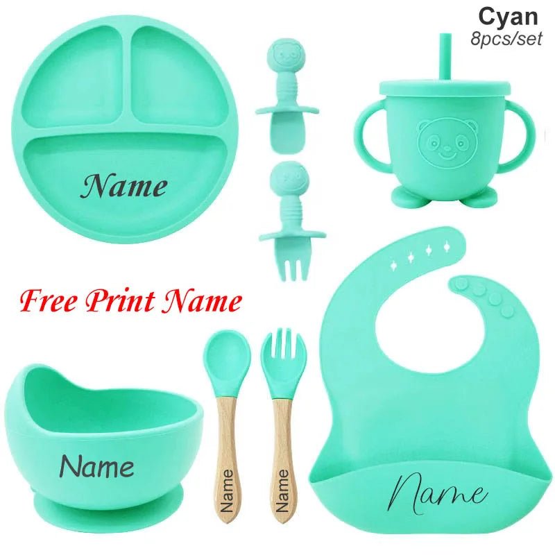 Coffret Repas Bébé Silicone Personnalisé Prénom – Set 8 Pièces Assiette Ventouse Bol Tasse Couverts Sans BPA Cadeau Naissance