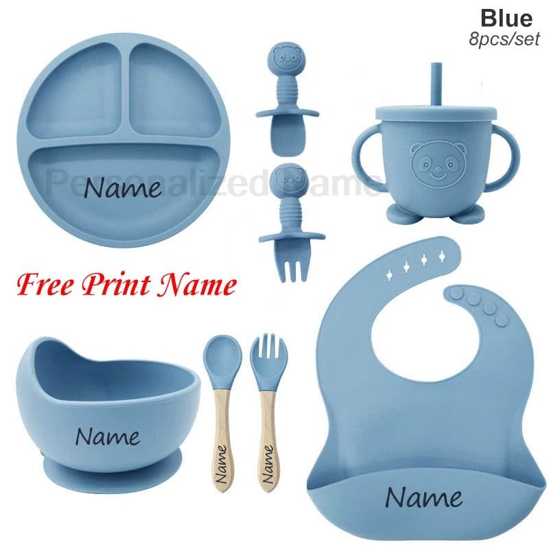 Coffret Repas Bébé Silicone Personnalisé Prénom – Set 8 Pièces Assiette Ventouse Bol Tasse Couverts Sans BPA Cadeau Naissance