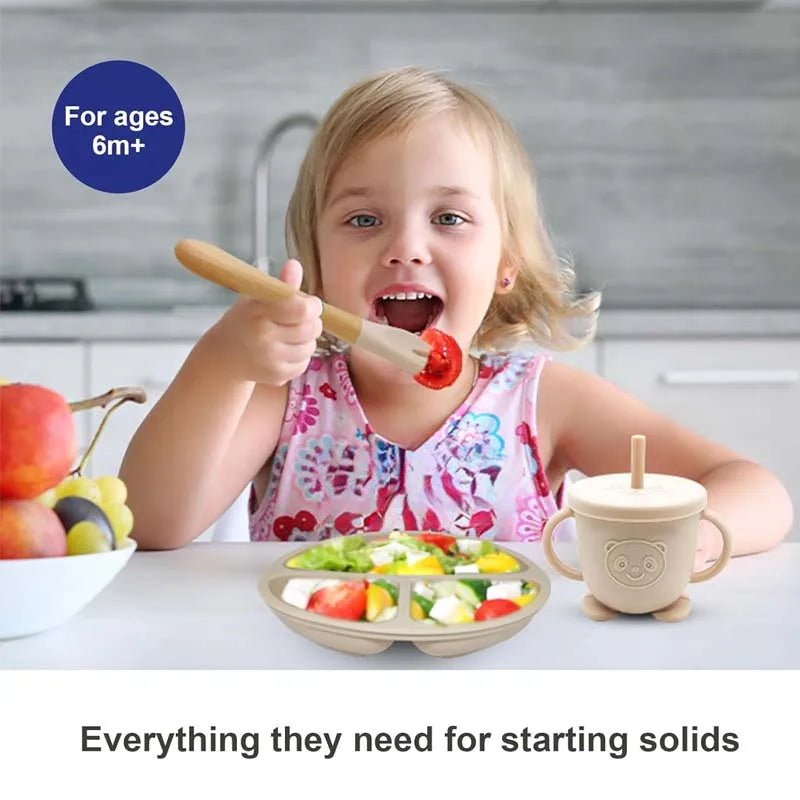 Coffret Repas Bébé Silicone Personnalisé Prénom – Set 8 Pièces Assiette Ventouse Bol Tasse Couverts Sans BPA Cadeau Naissance