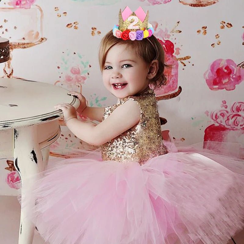 Couronne Anniversaire Bébé Fille 1 2 3 Ans – Chapeau Fleurs Rose Blanc Sequins Accessoire Photo