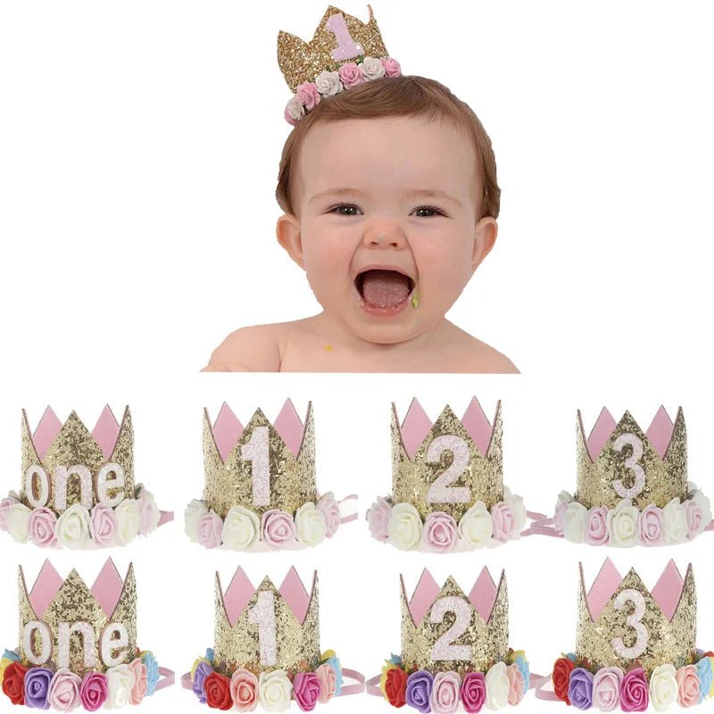 Couronne Anniversaire Bébé Fille 1 2 3 Ans – Chapeau Fleurs Rose Blanc Sequins Accessoire Photo
