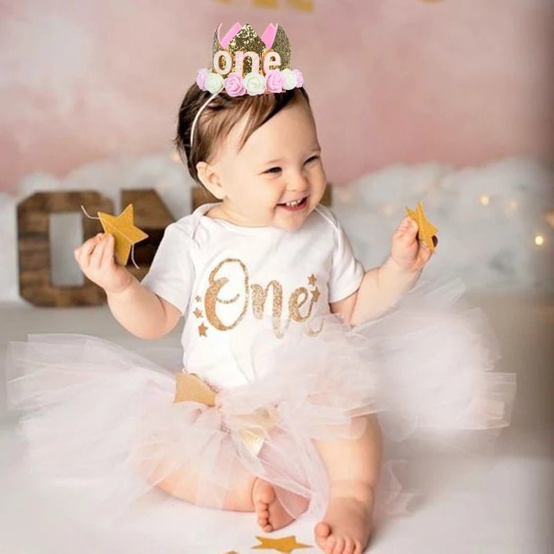 Baby Girl 1st 2nd 3rd Birthday Crown – Pink White Sequined Flower Hat Photo Prop