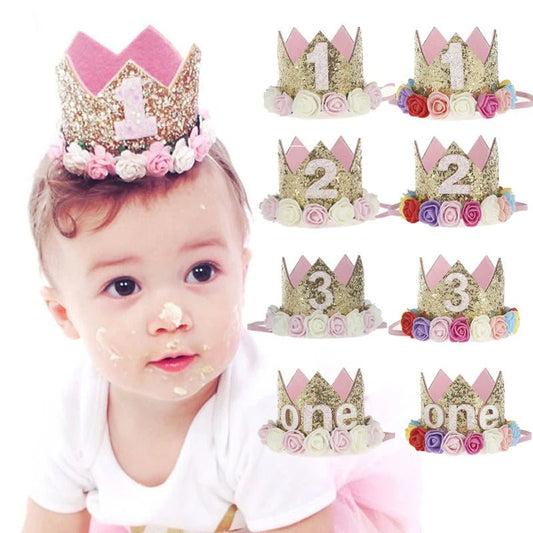 Couronne Anniversaire Bébé Fille 1 2 3 Ans – Chapeau Fleurs Rose Blanc Sequins Accessoire Photo