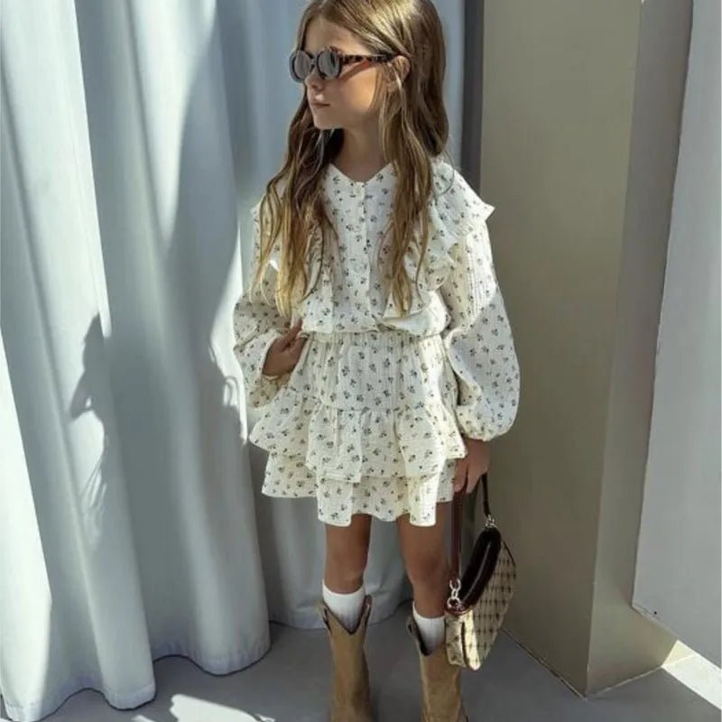 Ensemble Fille 2 Pièces — Chemise Fleurie Boutonnée & Jupe À Volants, Printemps Automne 18M-10 Ans