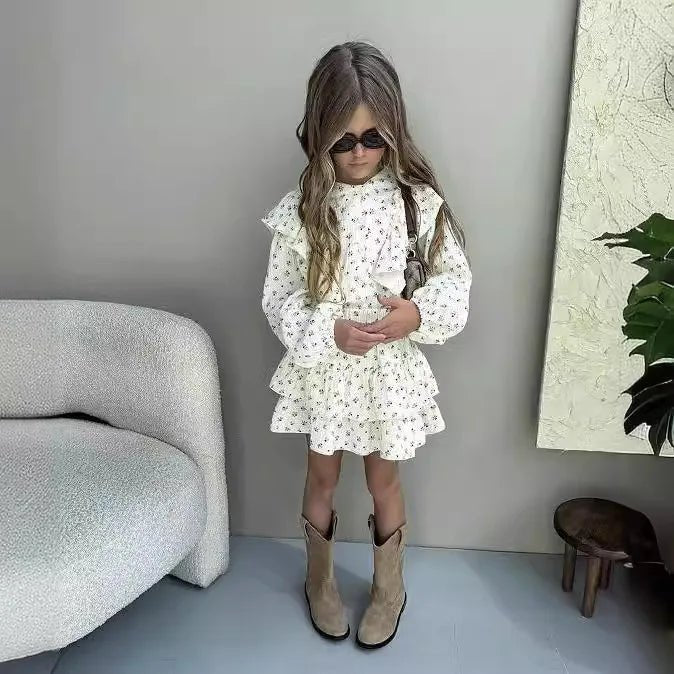 Ensemble Fille 2 Pièces — Chemise Fleurie Boutonnée & Jupe À Volants, Printemps Automne 18M-10 Ans