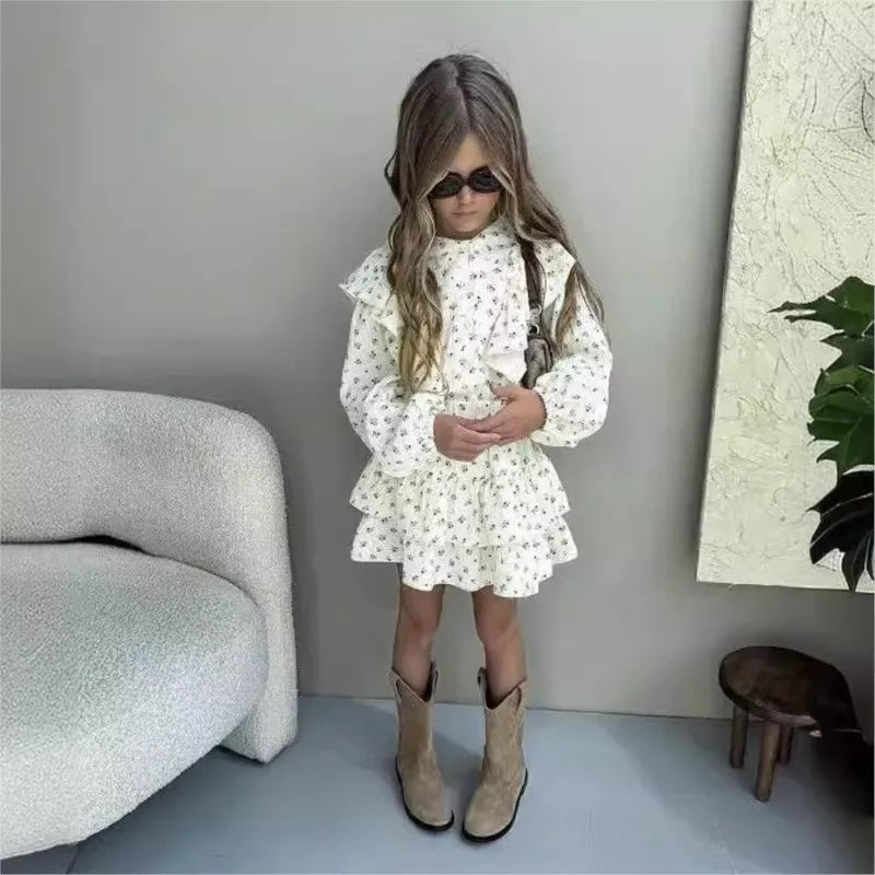 Ensemble Fille 2 Pièces — Chemise Fleurie Boutonnée & Jupe À Volants, Printemps Automne 18M-10 Ans