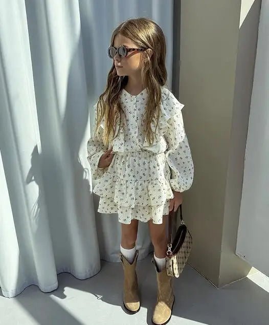 Ensemble Fille 2 Pièces — Chemise Fleurie Boutonnée & Jupe À Volants, Printemps Automne 18M-10 Ans