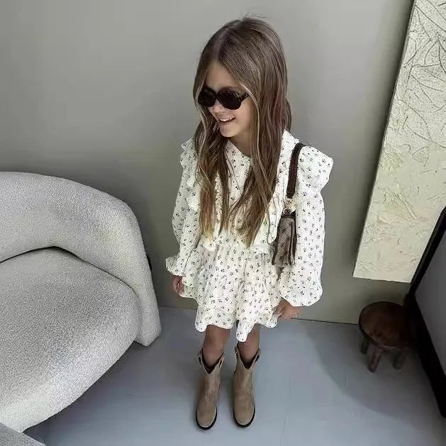 Ensemble Fille 2 Pièces — Chemise Fleurie Boutonnée & Jupe À Volants, Printemps Automne 18M-10 Ans