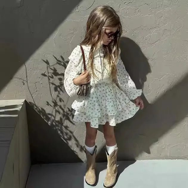 Ensemble Fille 2 Pièces — Chemise Fleurie Boutonnée & Jupe À Volants, Printemps Automne 18M-10 Ans