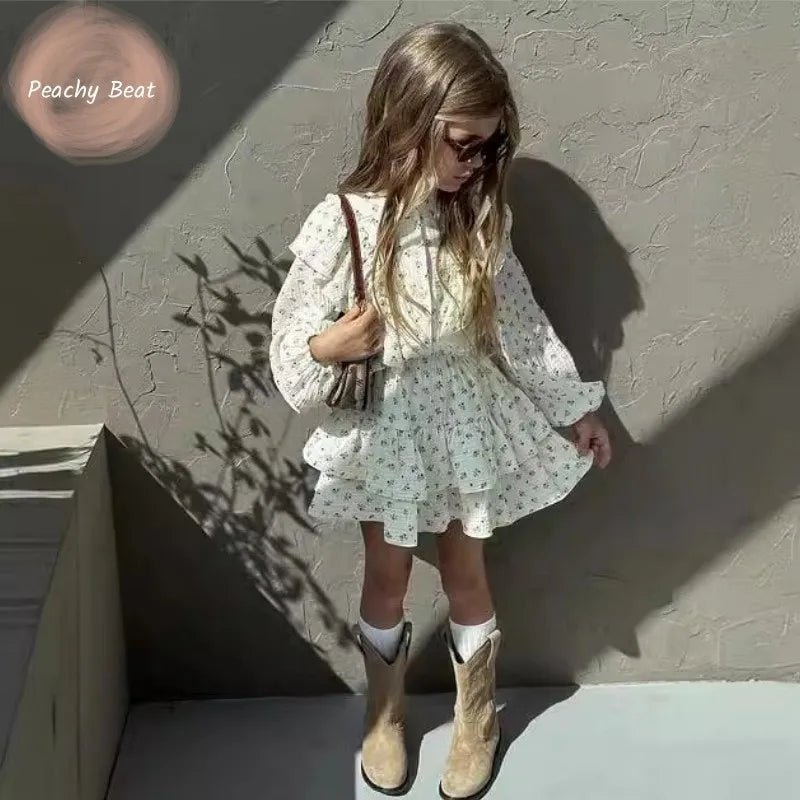Ensemble Fille 2 Pièces — Chemise Fleurie Boutonnée & Jupe À Volants, Printemps Automne 18M-10 Ans