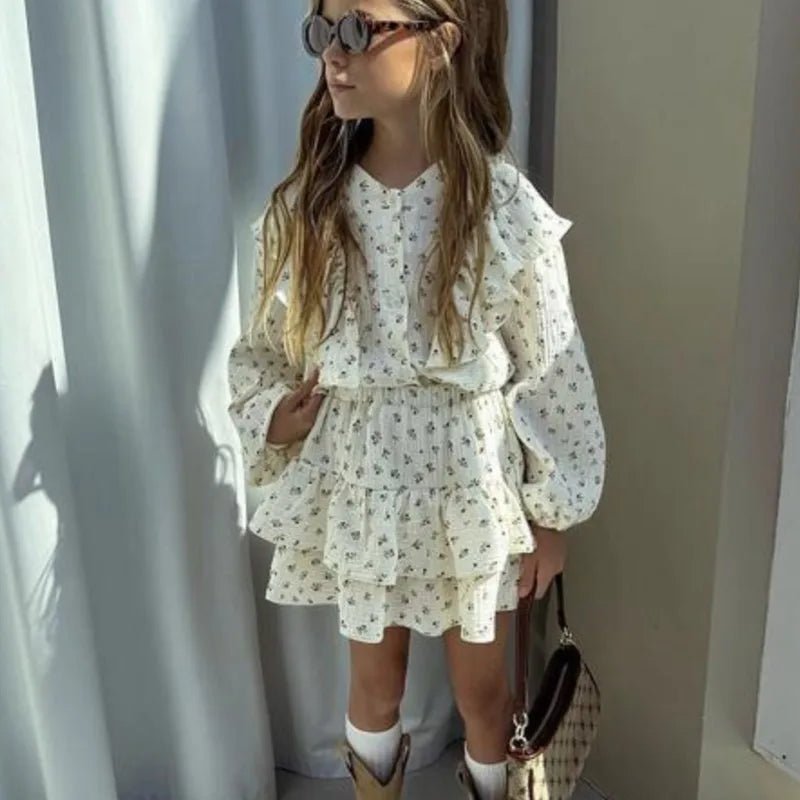 Ensemble Fille 2 Pièces — Chemise Fleurie Boutonnée & Jupe À Volants, Printemps Automne 18M-10 Ans