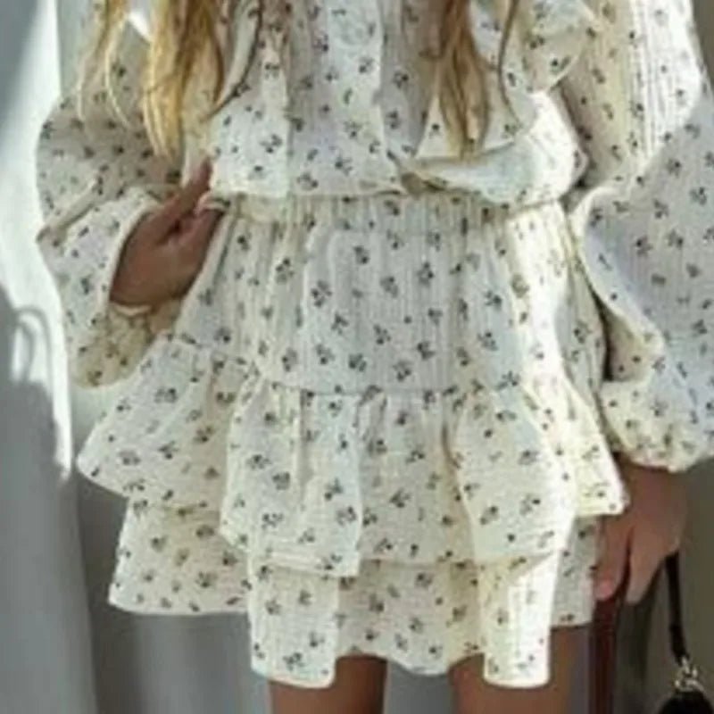 Ensemble Fille 2 Pièces — Chemise Fleurie Boutonnée & Jupe À Volants, Printemps Automne 18M-10 Ans