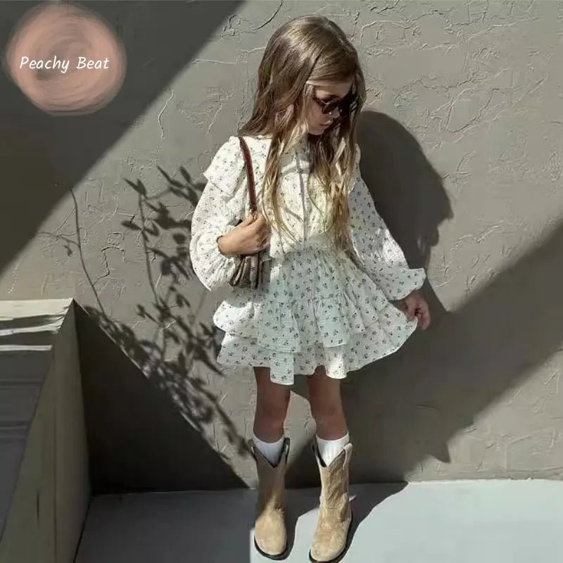 Ensemble Fille 2 Pièces — Chemise Fleurie Boutonnée & Jupe À Volants, Printemps Automne 18M-10 Ans