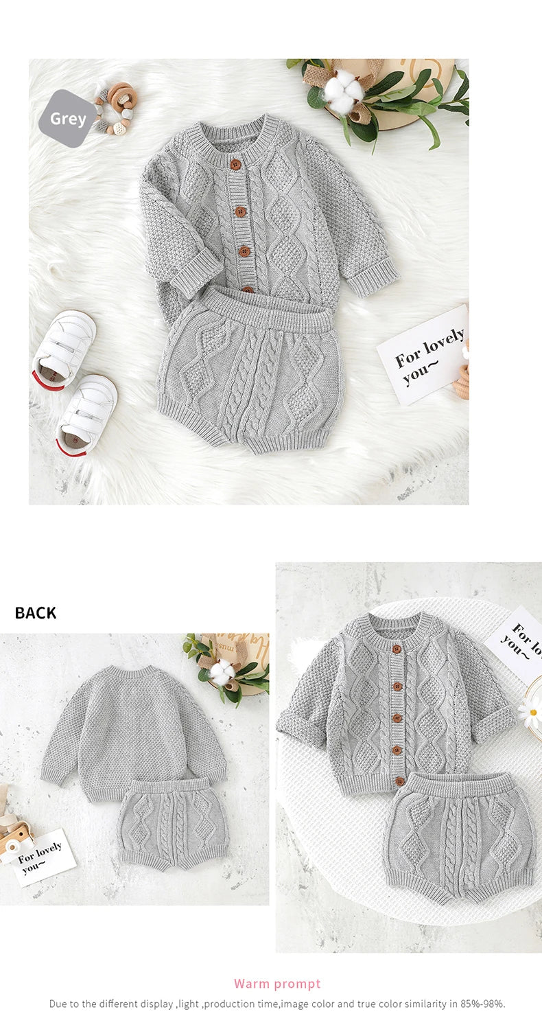 Ensemble Tricot Bébé 2 Pièces — Cardigan Coton Manches Longues & Pantalon, Unisexe 0-18 Mois