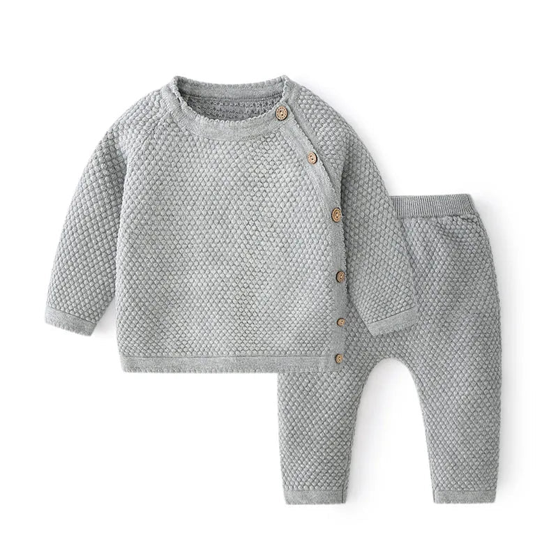 Ensemble Tricot Bébé Pyjama 2 Pièces — Pull Coton Boutonné & Pantalon, Unisexe 0-3M à 2-3 Ans
