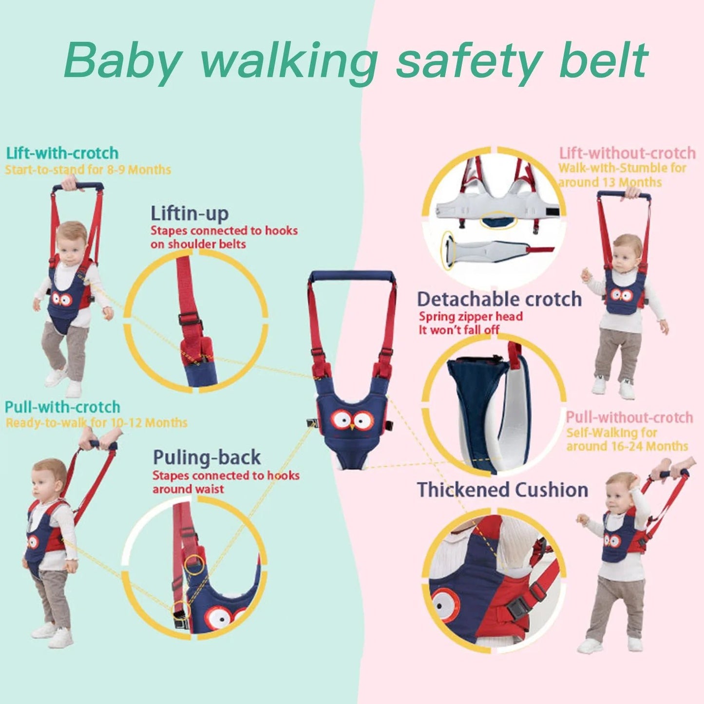 Harnais Apprentissage Marche Bébé Détachable – Aide à la Marche Sécurisée 6-24 Mois | Rose, Chouette & Chocolat