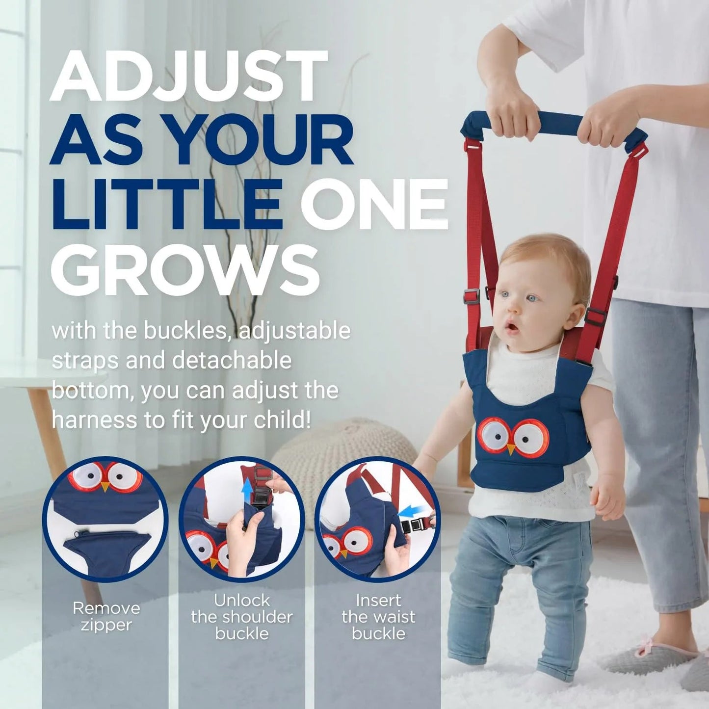 Harnais Apprentissage Marche Bébé Détachable – Aide à la Marche Sécurisée 6-24 Mois | Rose, Chouette & Chocolat