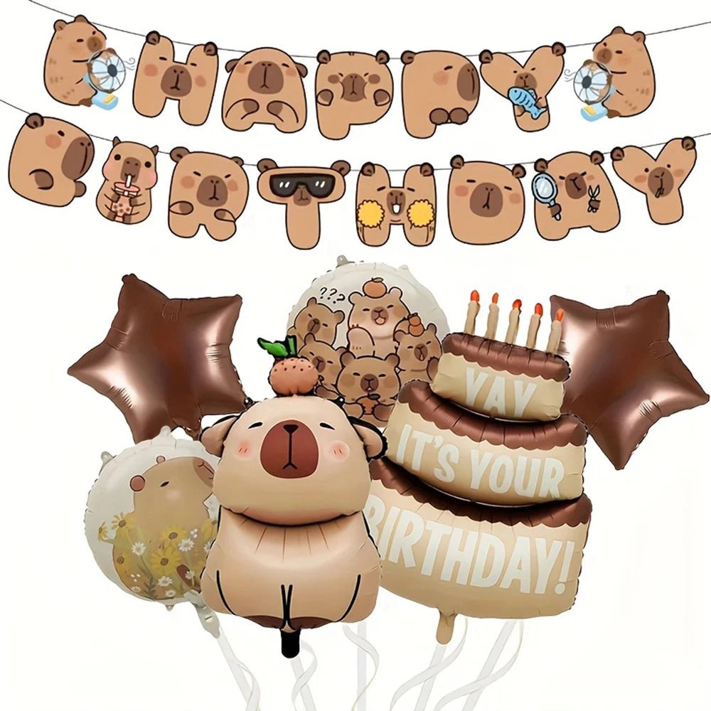 Capybara Birthday Decoration Kit – Foil Balloons & Happy Birthday Banner for Kids