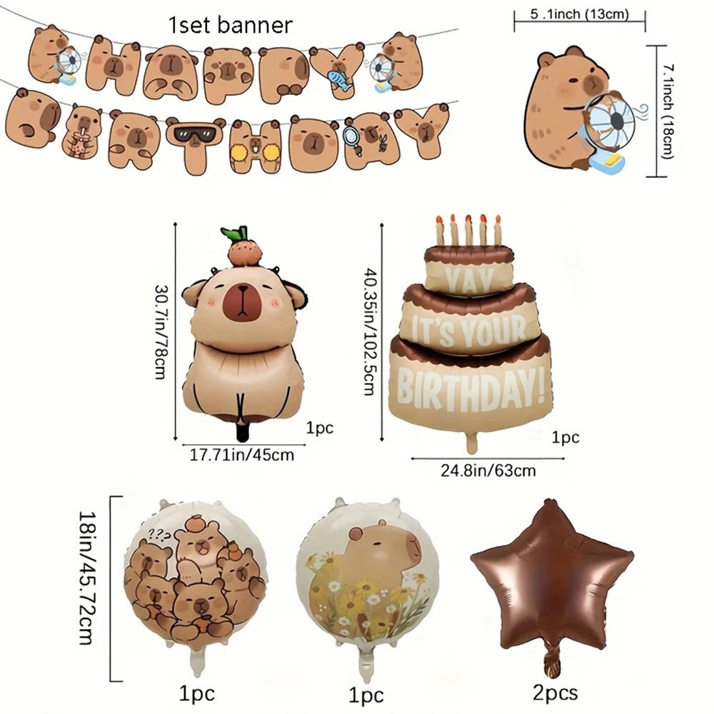 Capybara Birthday Decoration Kit – Foil Balloons & Happy Birthday Banner for Kids