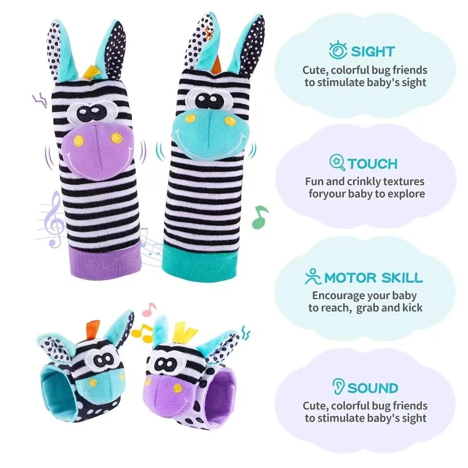 Lot 4 Hochets Poignet & Chaussettes Bébé Animaux – Jouet Éveil Sensoriel Naissance 0-24 Mois Garçon Fille