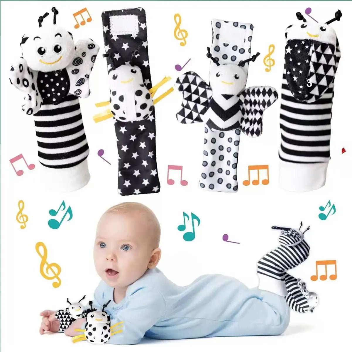 Lot 4 Hochets Poignet & Chaussettes Bébé Animaux – Jouet Éveil Sensoriel Naissance 0-24 Mois Garçon Fille