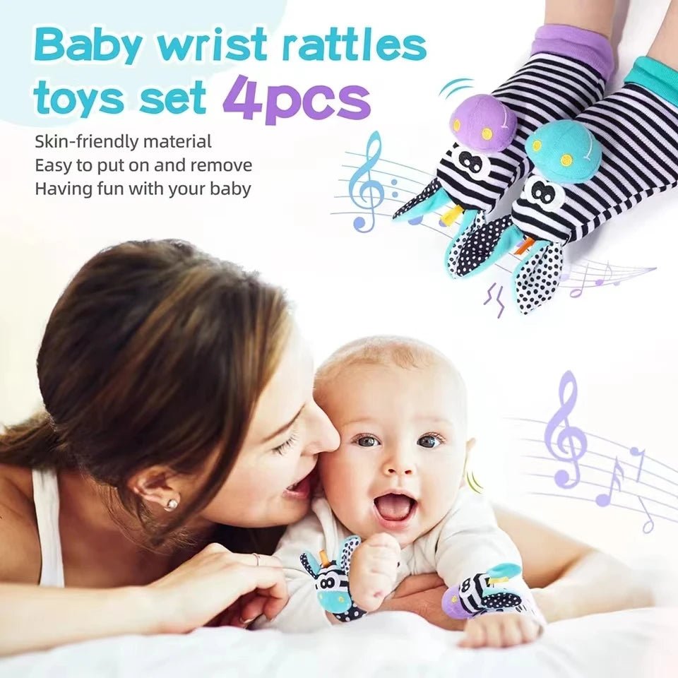 Lot 4 Hochets Poignet & Chaussettes Bébé Animaux – Jouet Éveil Sensoriel Naissance 0-24 Mois Garçon Fille