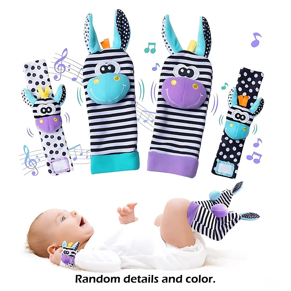 Lot 4 Hochets Poignet & Chaussettes Bébé Animaux – Jouet Éveil Sensoriel Naissance 0-24 Mois Garçon Fille