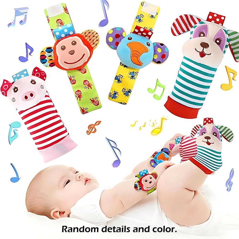 Lot 4 Hochets Poignet & Chaussettes Bébé Animaux – Jouet Éveil Sensoriel Naissance 0-24 Mois Garçon Fille