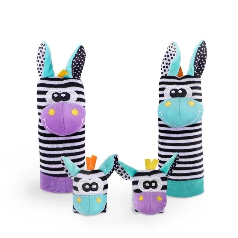 Lot 4 Hochets Poignet & Chaussettes Bébé Animaux – Jouet Éveil Sensoriel Naissance 0-24 Mois Garçon Fille