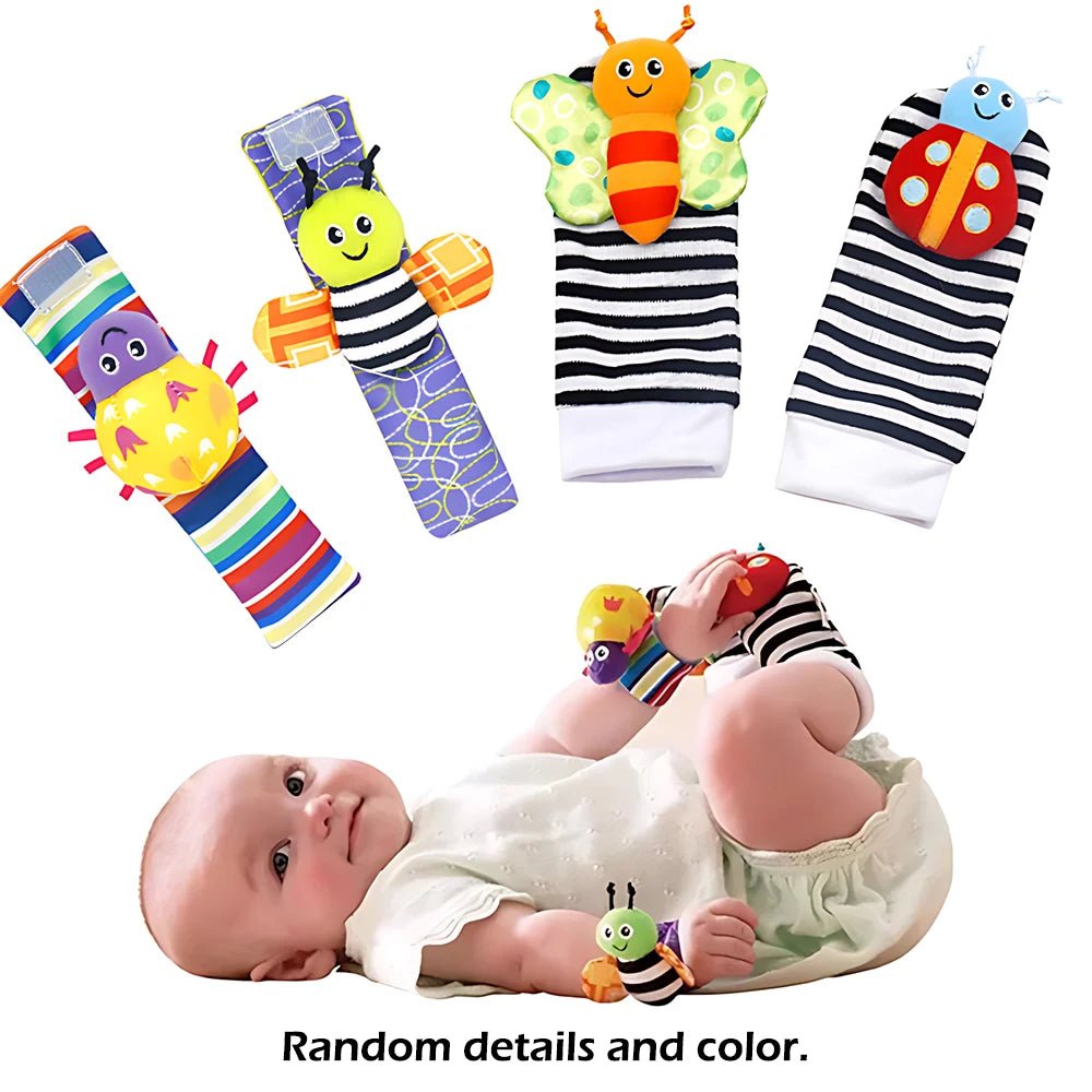 Lot 4 Hochets Poignet & Chaussettes Bébé Animaux – Jouet Éveil Sensoriel Naissance 0-24 Mois Garçon Fille