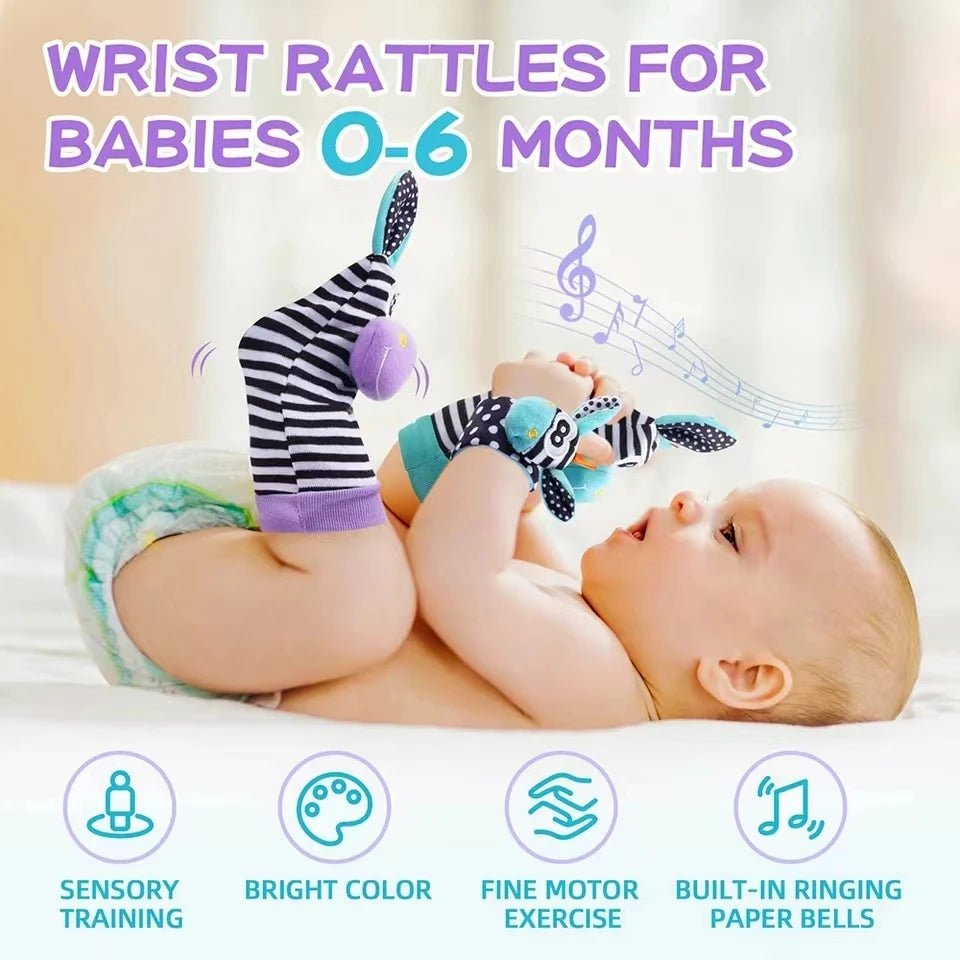 Lot 4 Hochets Poignet & Chaussettes Bébé Animaux – Jouet Éveil Sensoriel Naissance 0-24 Mois Garçon Fille