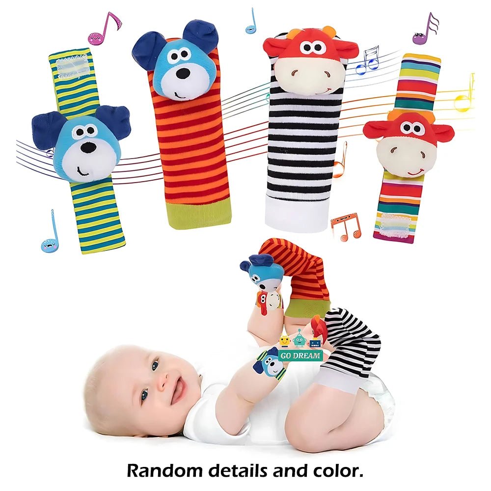 Lot 4 Hochets Poignet & Chaussettes Bébé Animaux – Jouet Éveil Sensoriel Naissance 0-24 Mois Garçon Fille