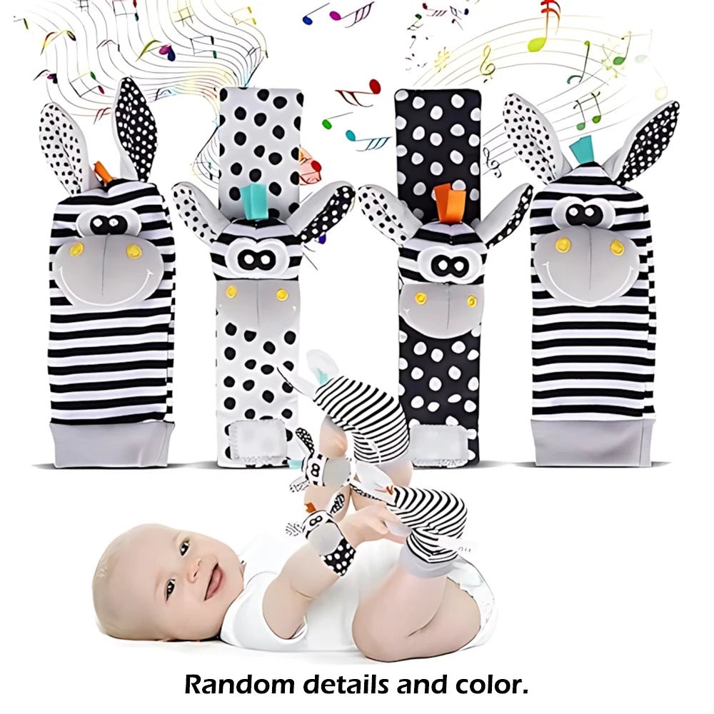 Lot 4 Hochets Poignet & Chaussettes Bébé Animaux – Jouet Éveil Sensoriel Naissance 0-24 Mois Garçon Fille