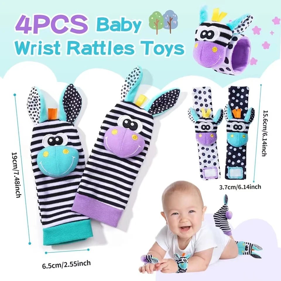 Lot 4 Hochets Poignet & Chaussettes Bébé Animaux – Jouet Éveil Sensoriel Naissance 0-24 Mois Garçon Fille