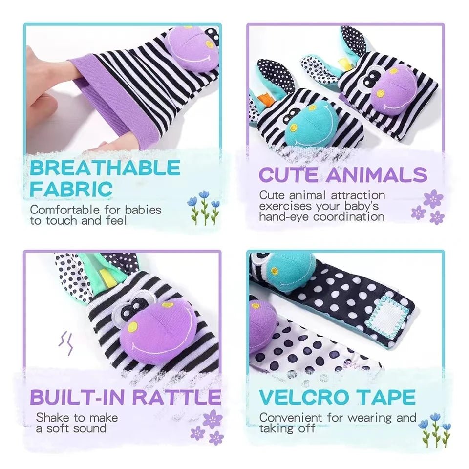 Lot 4 Hochets Poignet & Chaussettes Bébé Animaux – Jouet Éveil Sensoriel Naissance 0-24 Mois Garçon Fille