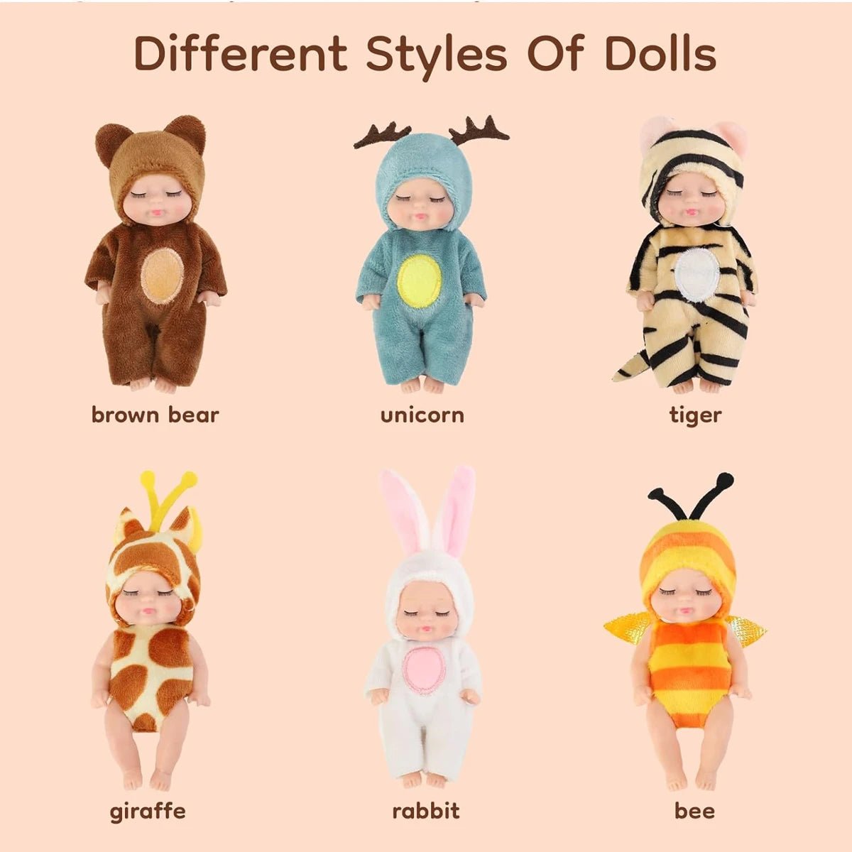 Mini Poupée Bébé Réaliste Animaux – Lot 1 ou 6 Pièces Jouet Fille Garçon Cadeau Anniversaire & Noël