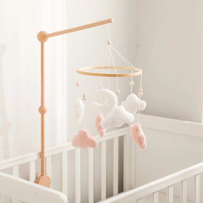 Mobile Lit Bébé Musical et Lumineux – Bois Naturel, Hochet Feutre Doux & Boîte à Musique Nouveau-Né