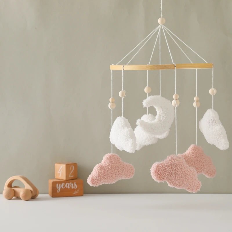 Mobile Lit Bébé Musical et Lumineux – Bois Naturel, Hochet Feutre Doux & Boîte à Musique Nouveau-Né