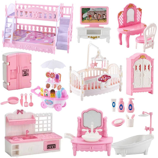 Mobilier Miniature 1:12 Maison de Poupée – Cuisine, Lit Superposé, Bus Rose & Accessoires Fille