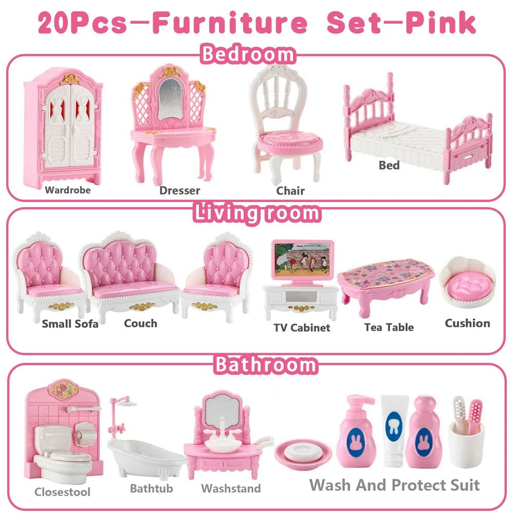 1:12 Miniature Dollhouse Furniture – Kitchen, Bunk Bed, Pink Bus & Girl Accessories