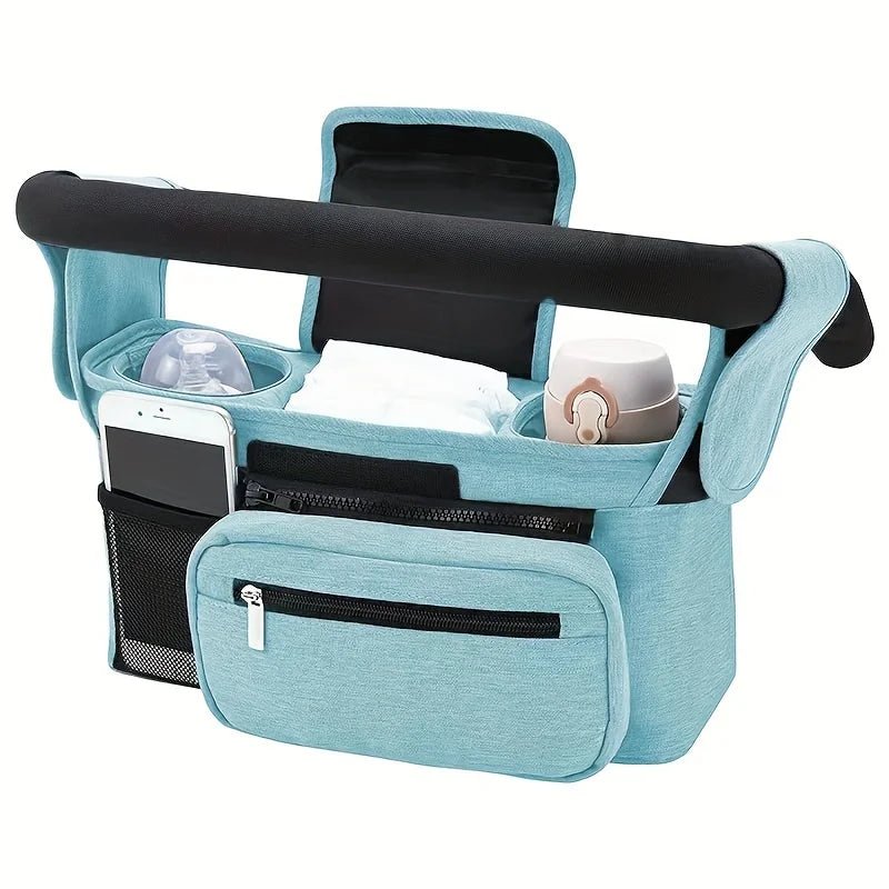 Organisateur de poussette avec sangle antidérapante – Porte-gobelet isotherme et pochette téléphone