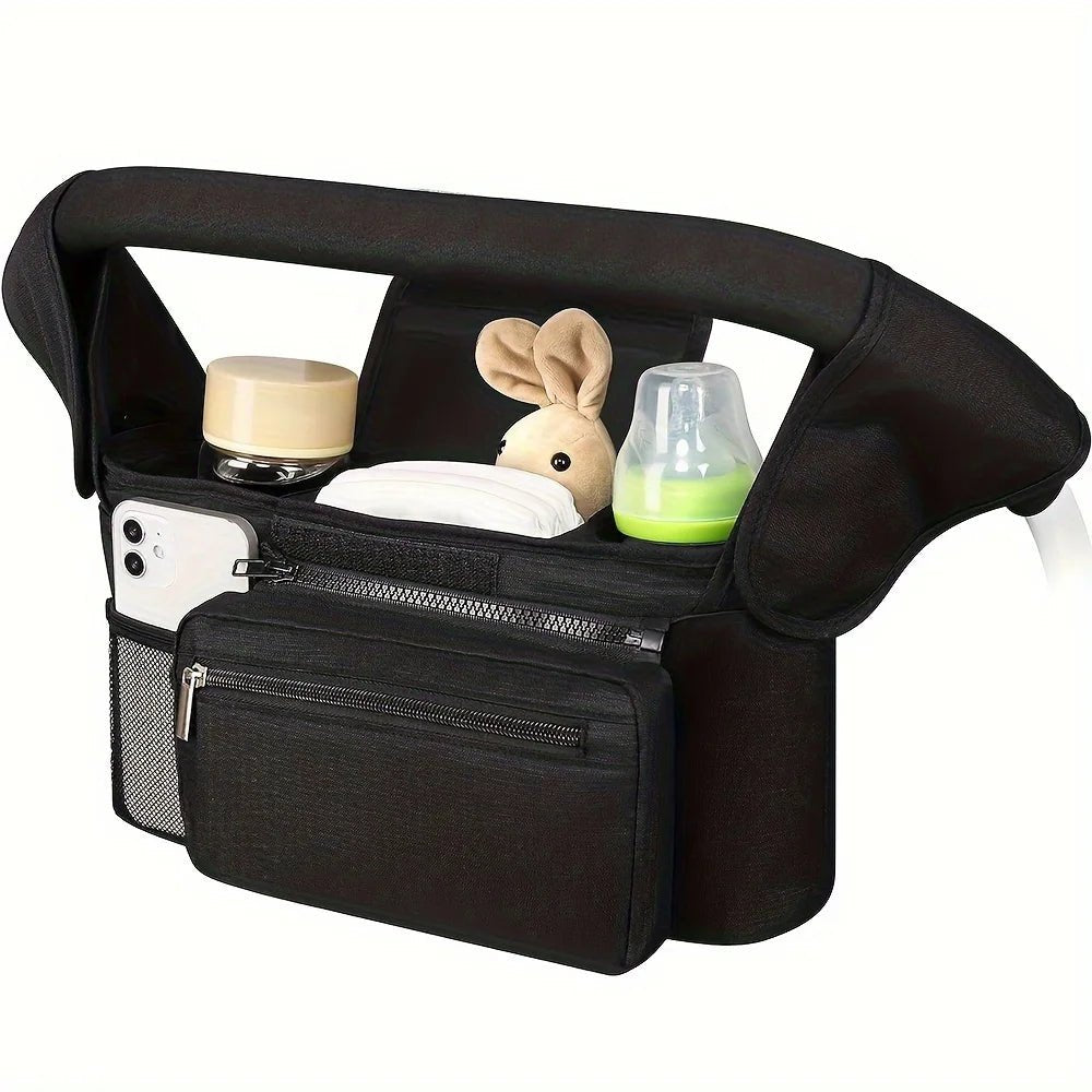 Organisateur de poussette avec sangle antidérapante – Porte-gobelet isotherme et pochette téléphone