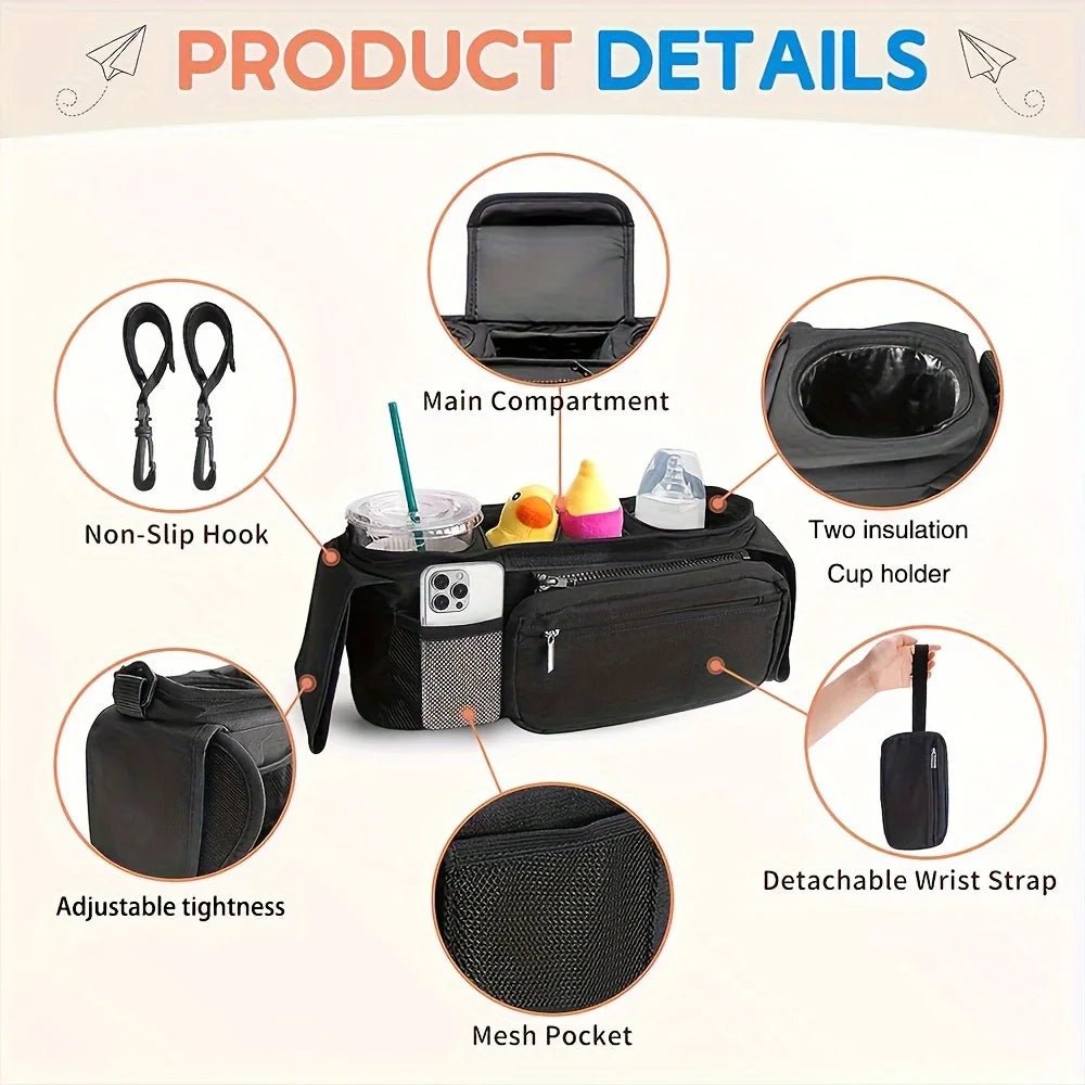 Organisateur de poussette avec sangle antidérapante – Porte-gobelet isotherme et pochette téléphone